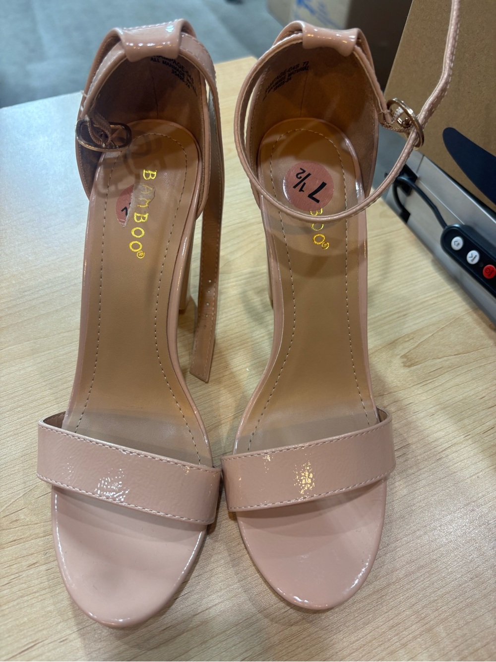 BAMBOO Nude Pink Patent Ankle-Strap Heels